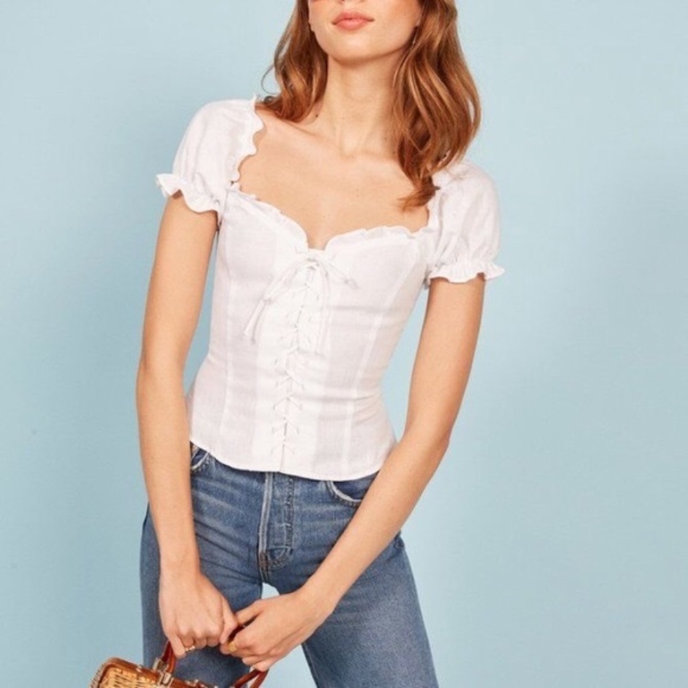 Reformation lace up boho white peasant top Size 8 M